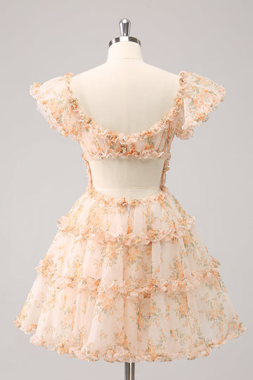 Vestido de cóctel de tul con volantes y estampado floral amarillo
